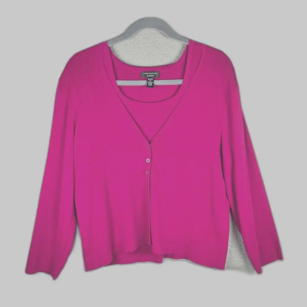 Cable and Gauge Woman Twin Set Cardigan Shell Fuchsia Pink 2X Plus Viscose Knit